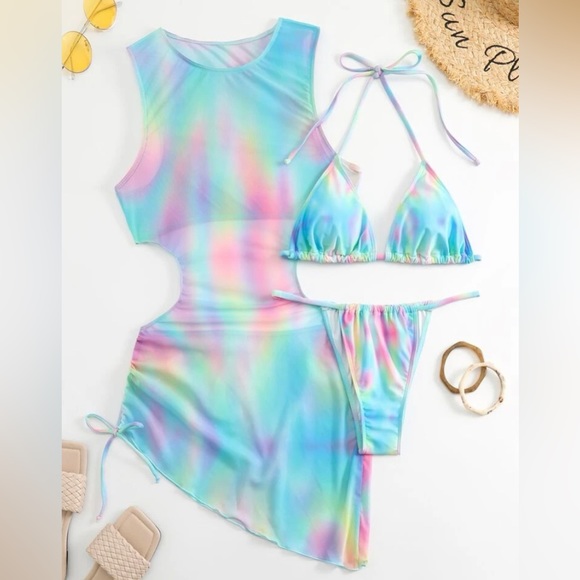 Triangle Bra & Thong & Drawstring Cutout Side Cover Up Dress 3 Piece Swiโฆ - Picture 5 of 7